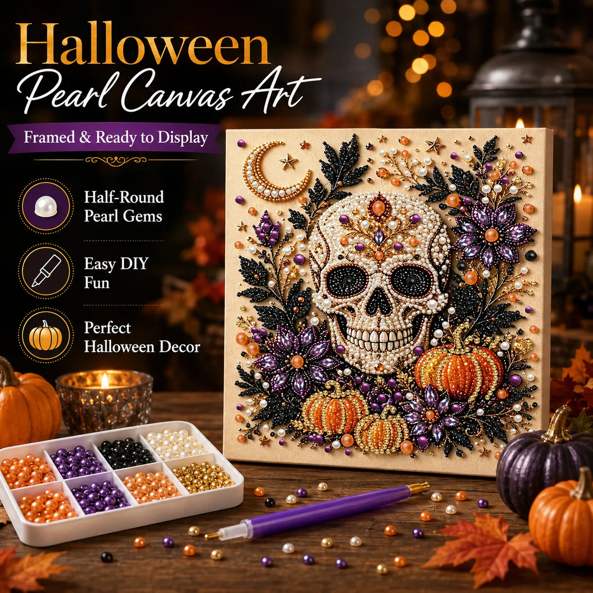 DIY Pearl Painting Halloween Skeletons with Frame(20x20cm)
