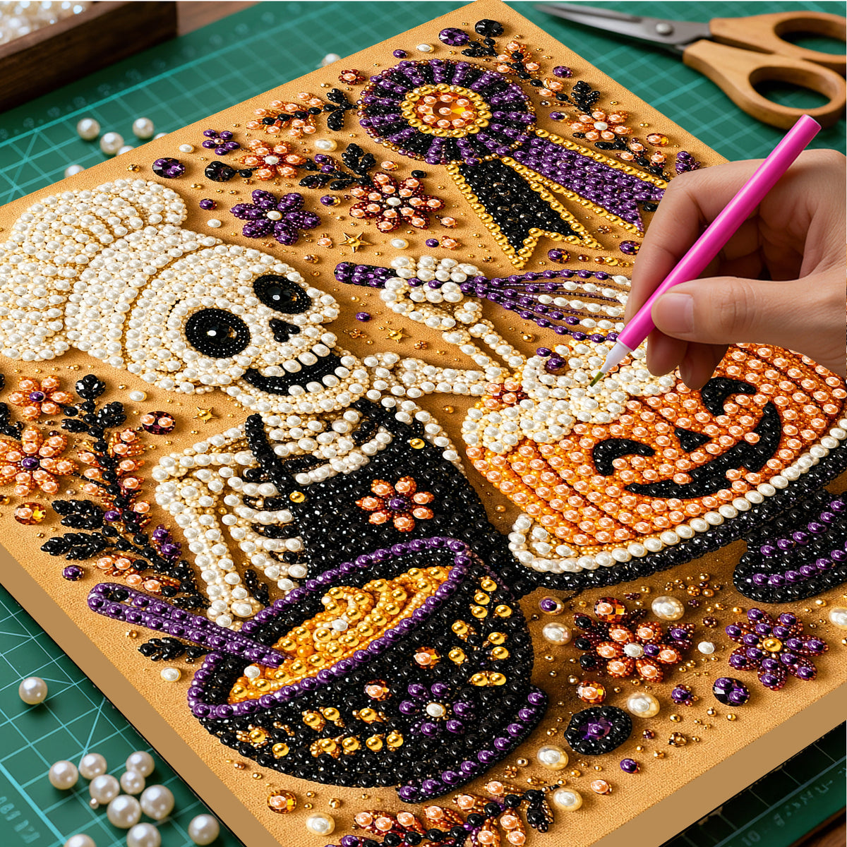 DIY Pearl Painting Halloween Cuisine with Frame(20x20cm)