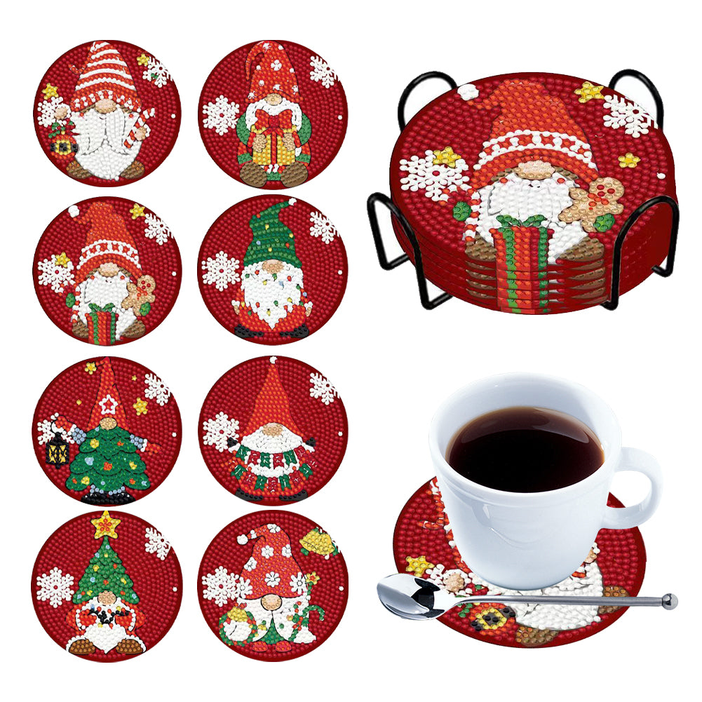 8PCS Diamond Painting Art Coaster Kit Full Drill Coaster(Wooden Christmas Gnome)