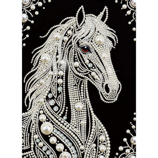 Horse Premium 5D Diamond Painting Kit Black & White Pearls painting Sparkling Special Shaped Diamond painting