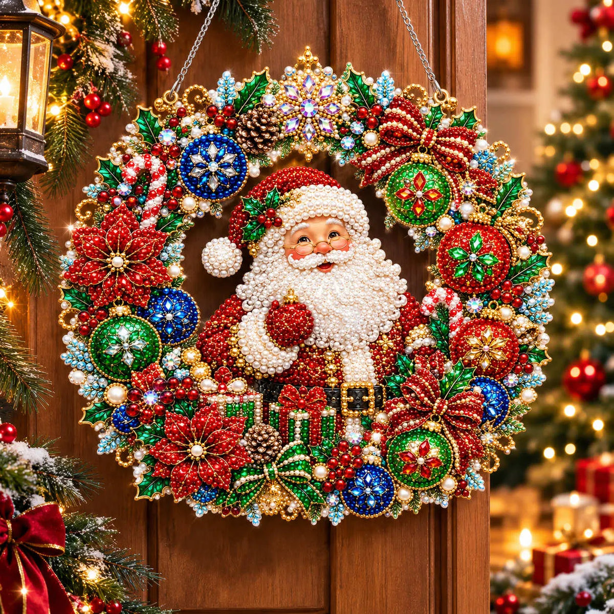 Diamond Painting Acrylic Christmas Santa Claus Wreath Pendant For Home Wall, Door & Window Decoration