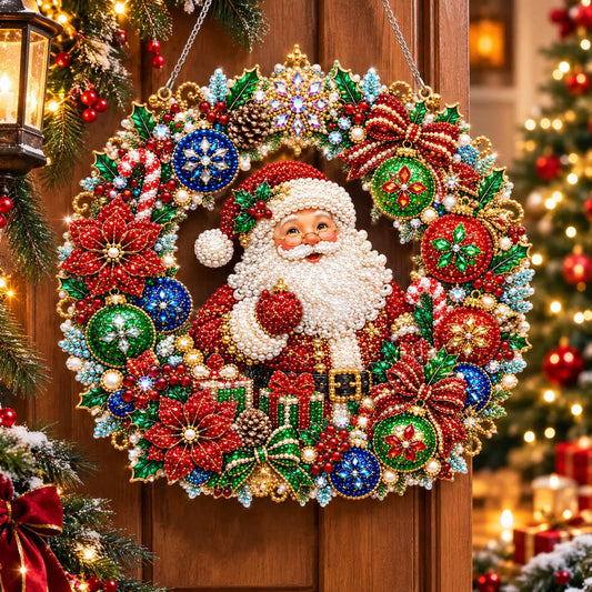 Diamond Painting Acrylic Christmas Santa Claus Wreath Pendant For Home Wall, Door & Window Decoration