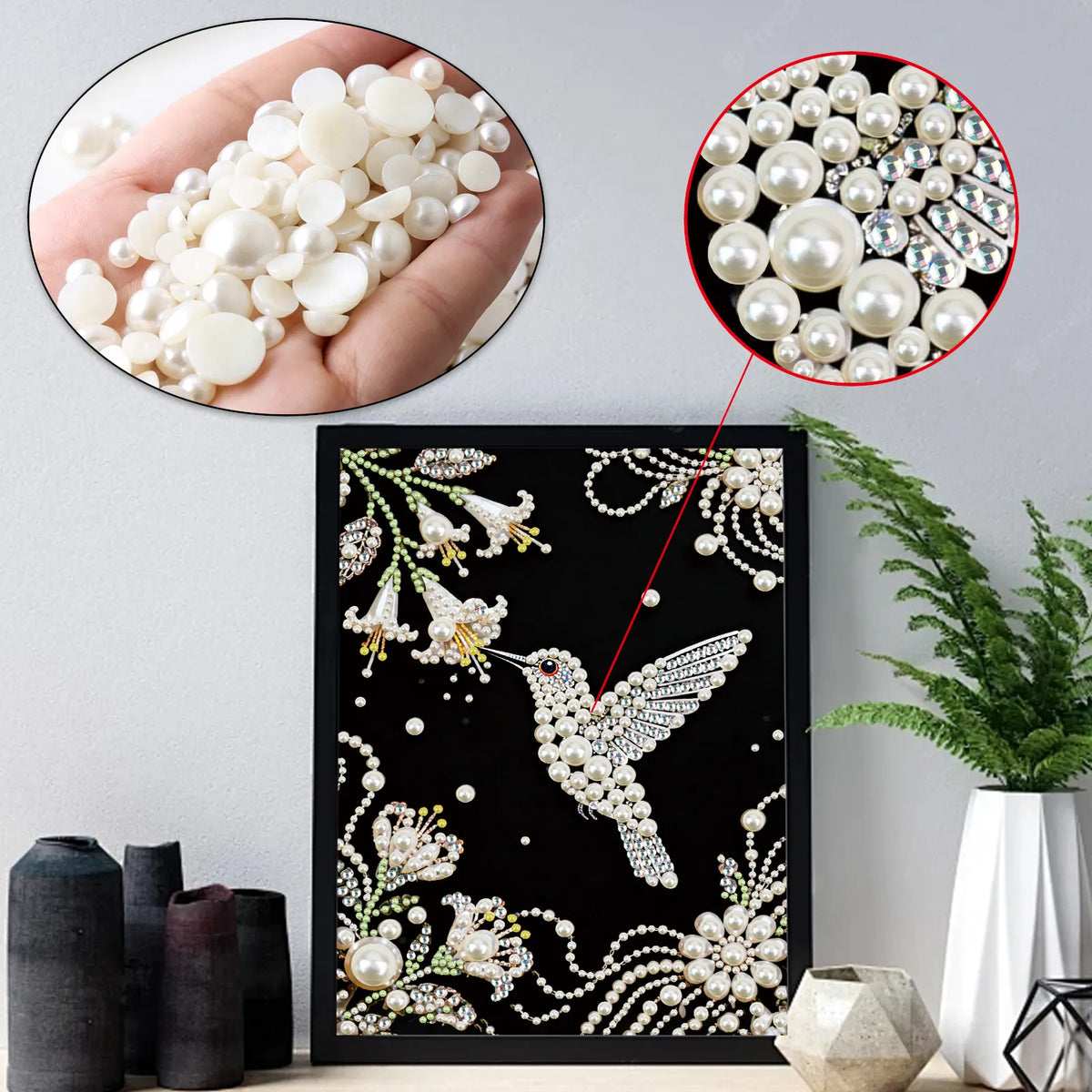 Hummingbird Premium 5D Diamond Painting Kit Black & White Pearls painting Sparkling Special Shaped Diamond painting