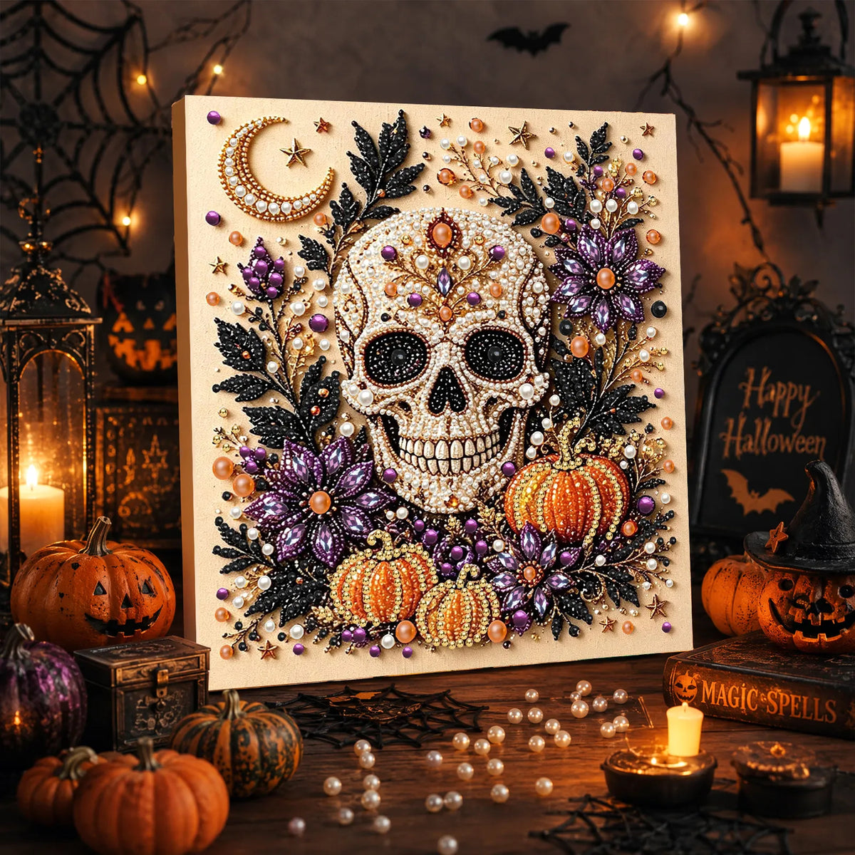 DIY Pearl Painting Halloween Skeletons with Frame(20x20cm)