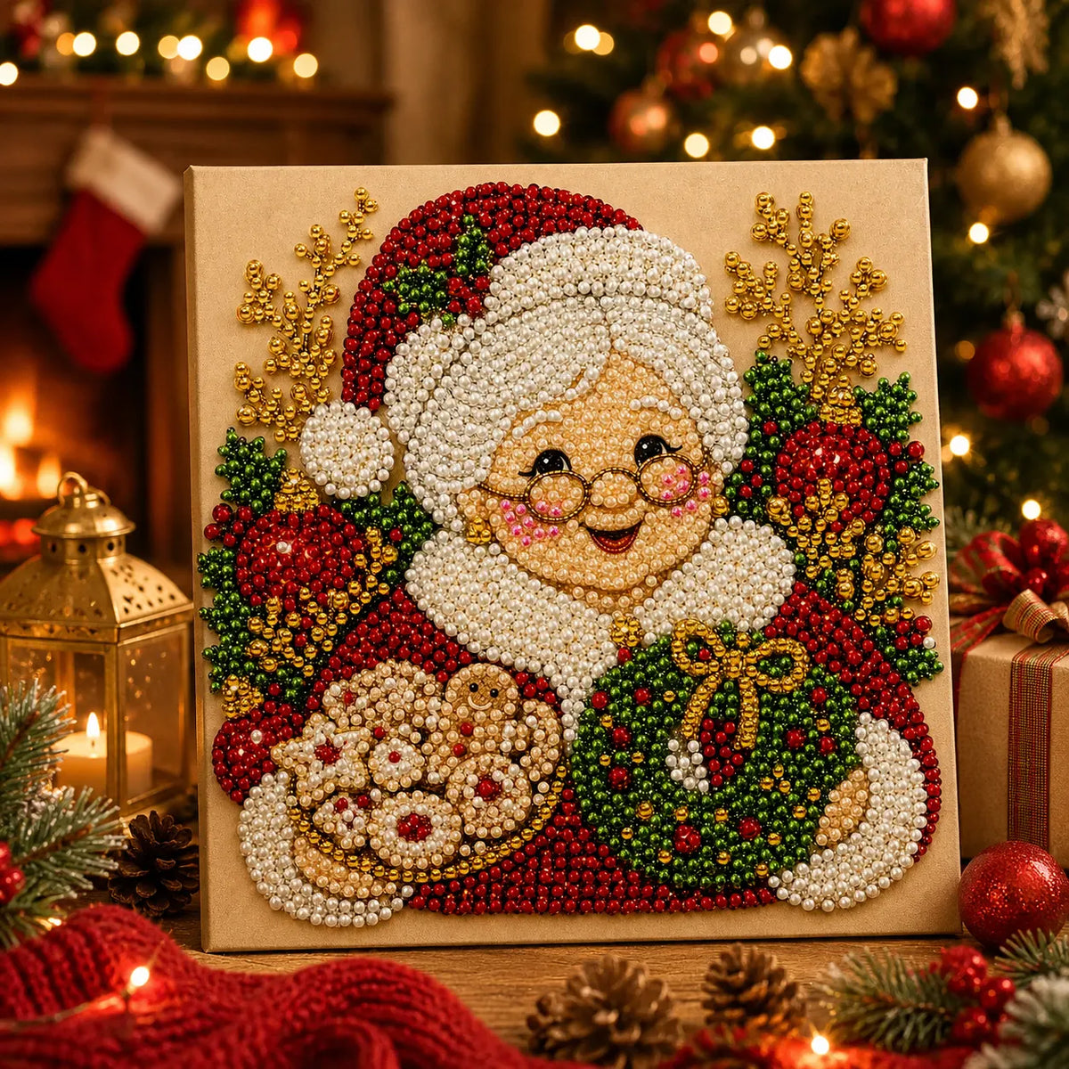 DIY Pearl Painting Christmas Gandmother with Frame(20x20cm)