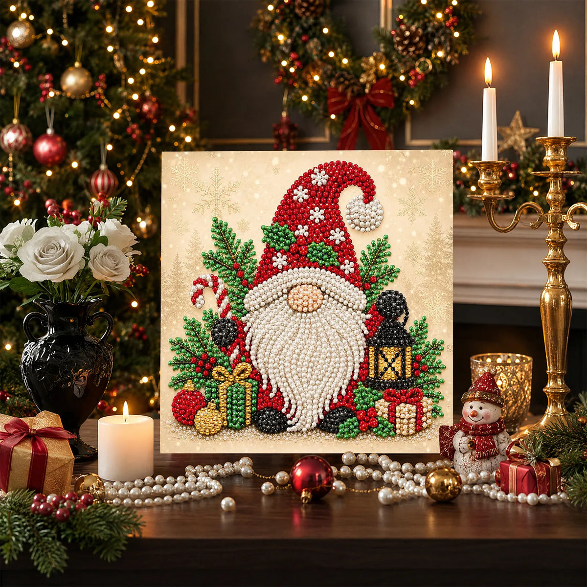 DIY Pearl Painting Christmas Goblin with Frame(20x20cm)