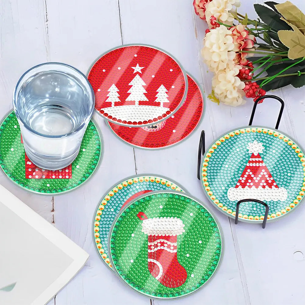 [Upgrade]6pcs/set DIY Diamond Painting Waterproof Case Classic Xmas Coaster Gift Decor Set