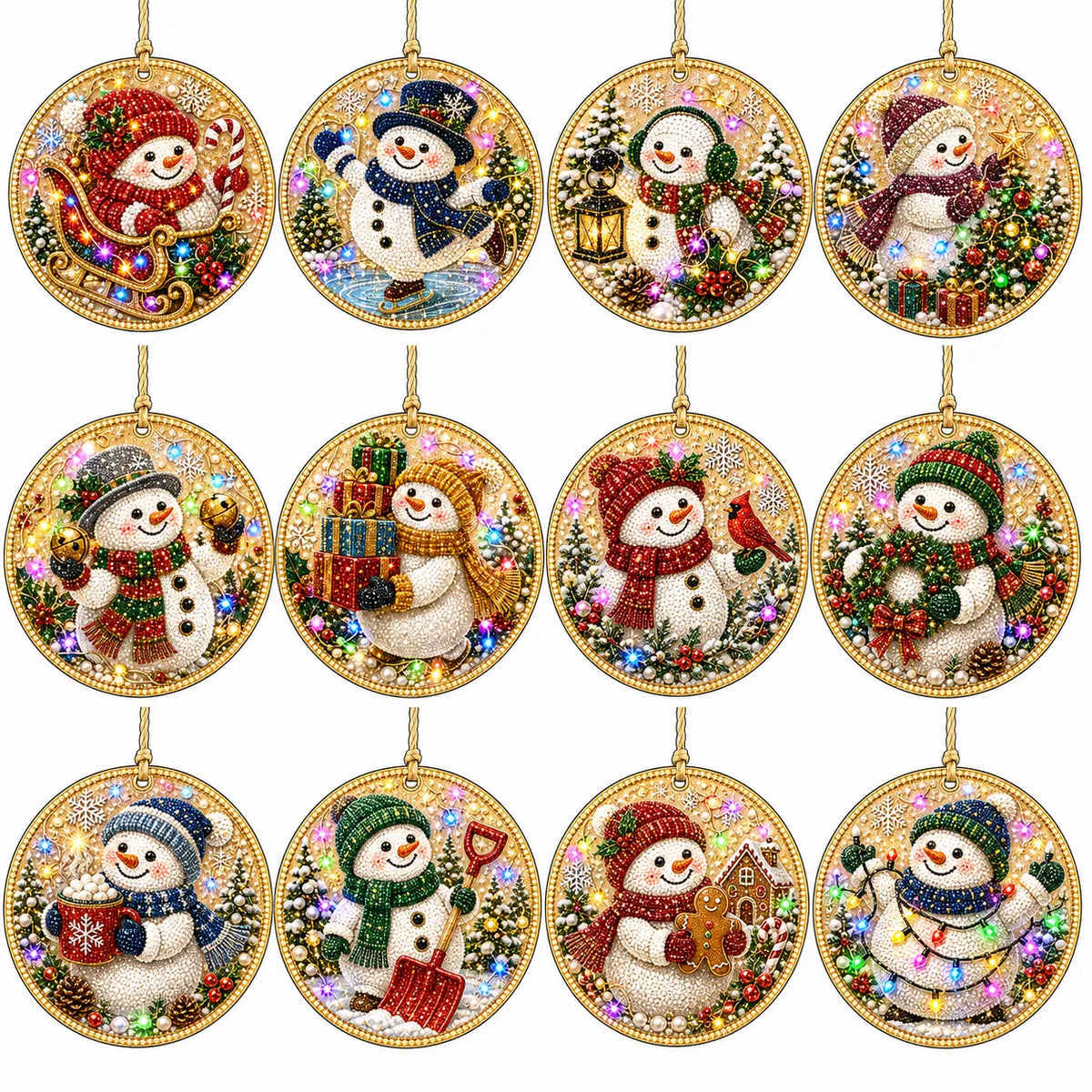 12 Pcs Diamond Painting PET Single-sided Xmas Snowman Christmas Tree Hanging Ornaments