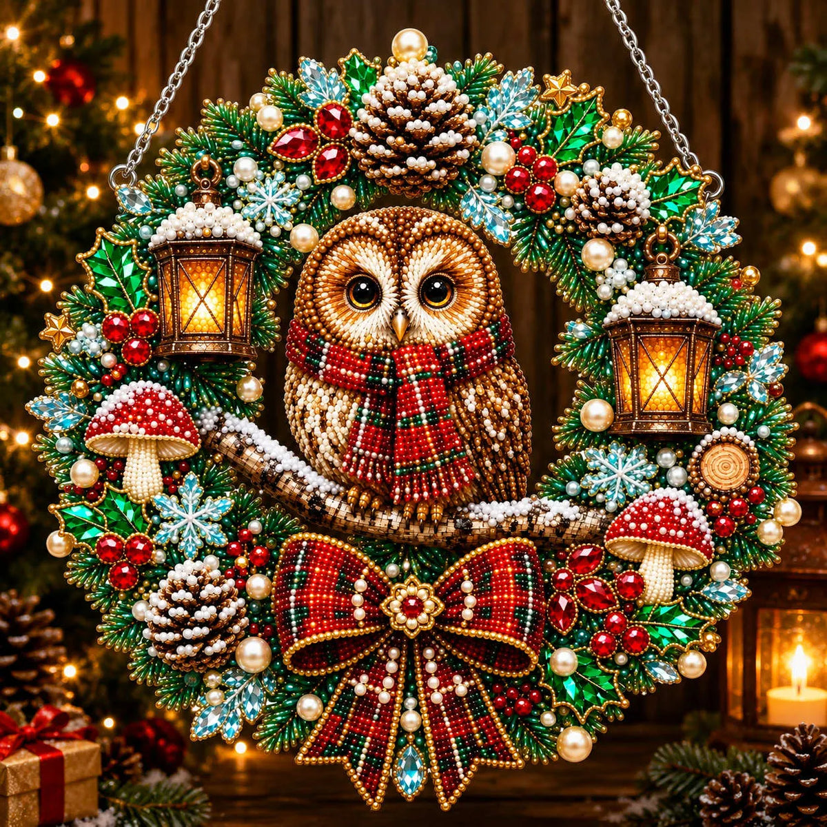 Diamond Painting Acrylic Christmas Owl Wreath Pendant For Home Wall, Door & Window Decoration