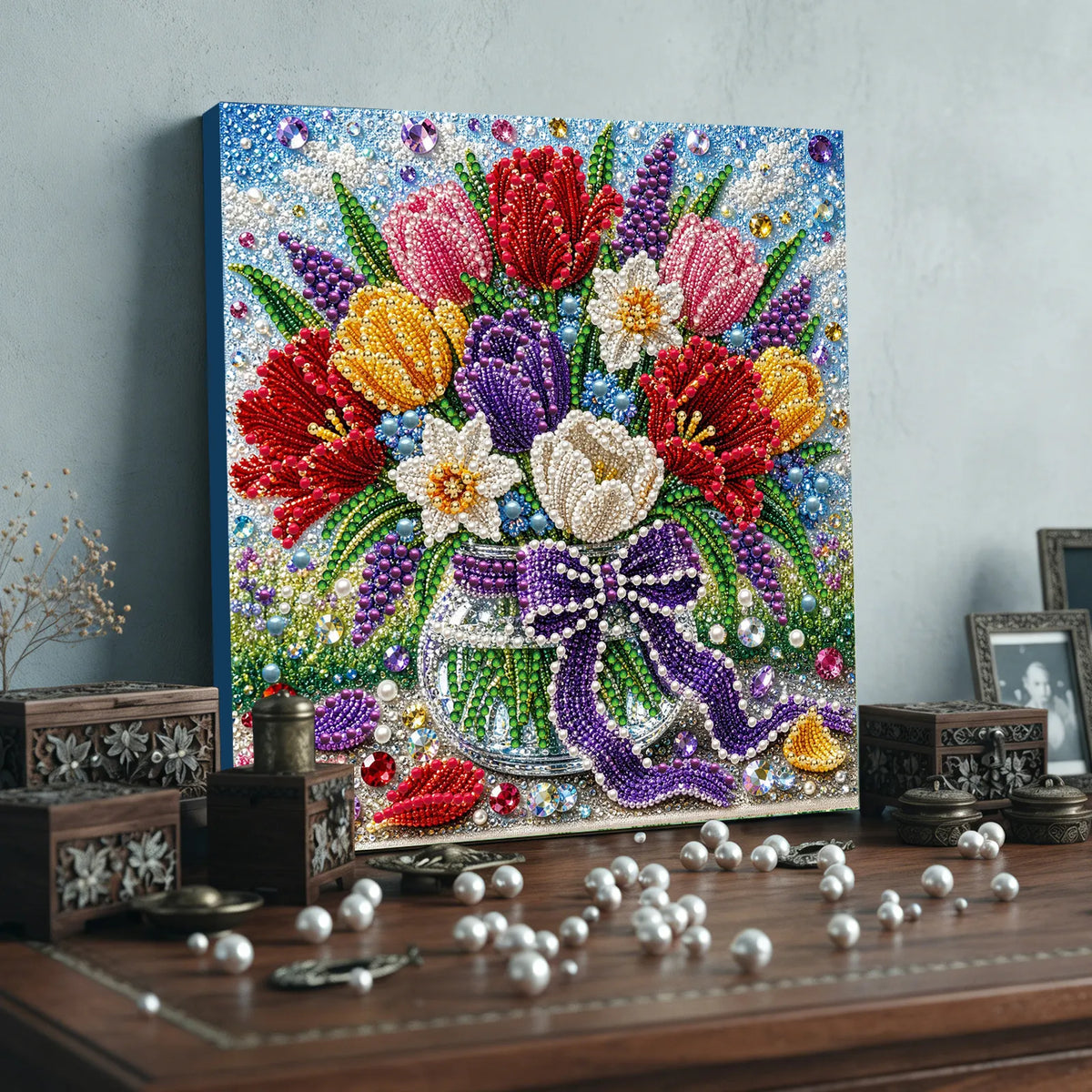 DIY Pearl Painting Tulips with Frame(20x20cm)