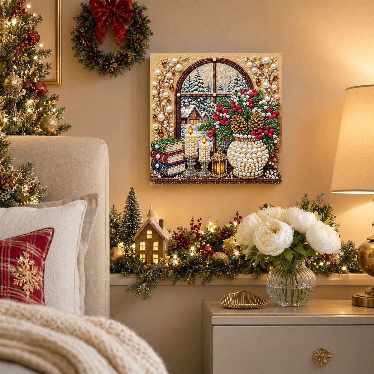 DIY Pearl Painting Christmas Window View with Frame(20x20cm)