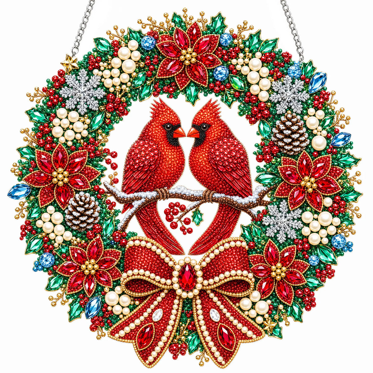 Diamond Painting Acrylic Christmas Cardinal Wreath Pendant For Home Wall, Door & Window Decoration