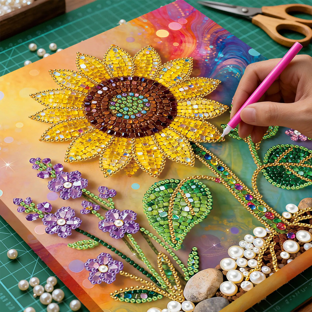 Framed Sunflower - Pearls Painting Kit for Creativity DIY Pearl Dot Crafts for Gift Home Wall Decor 25*25CM