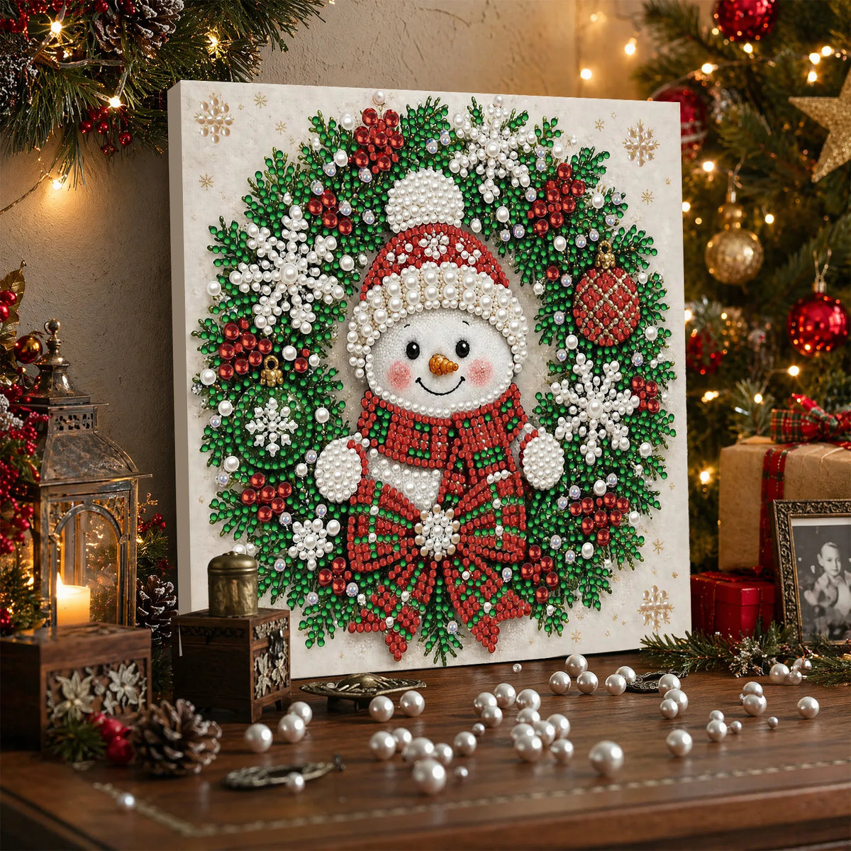 DIY Pearl Painting Christmas Snowman with Frame(20x20cm)
