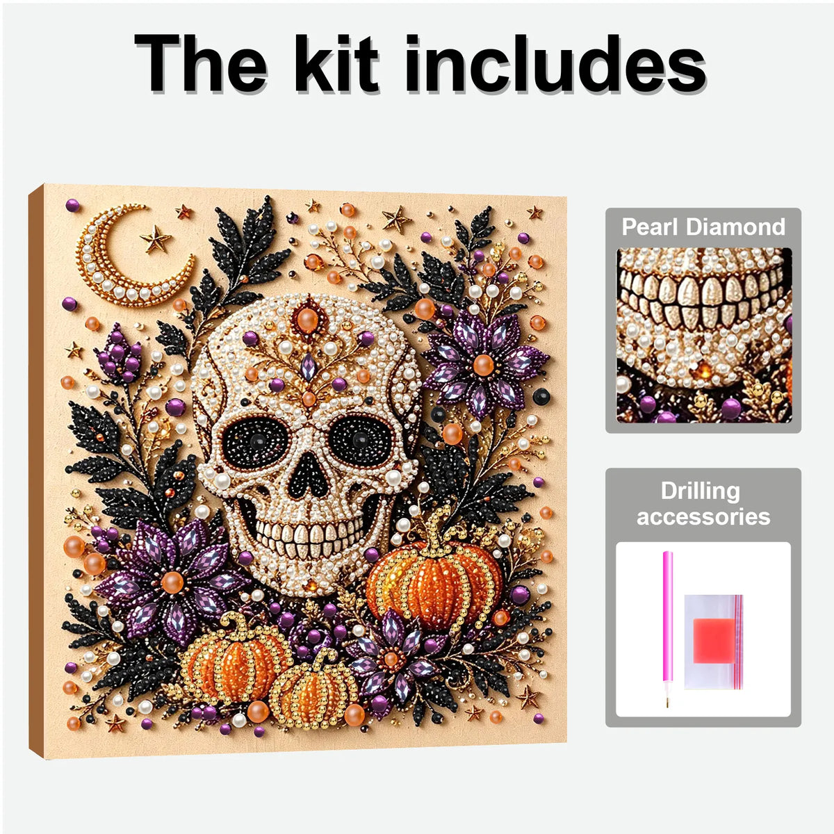 DIY Pearl Painting Halloween Skeletons with Frame(20x20cm)