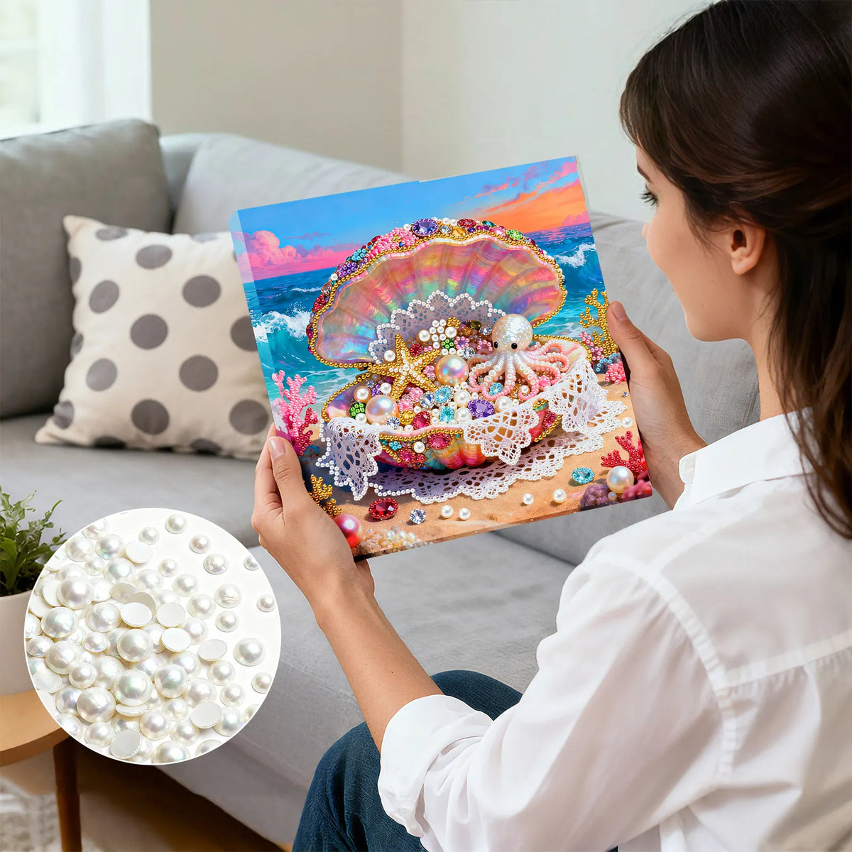 Framed Dreamy Pearl Seashell - Pearls Painting Kit for Creativity DIY Pearl Dot Crafts for Gift Home Wall Decor 25*25CM