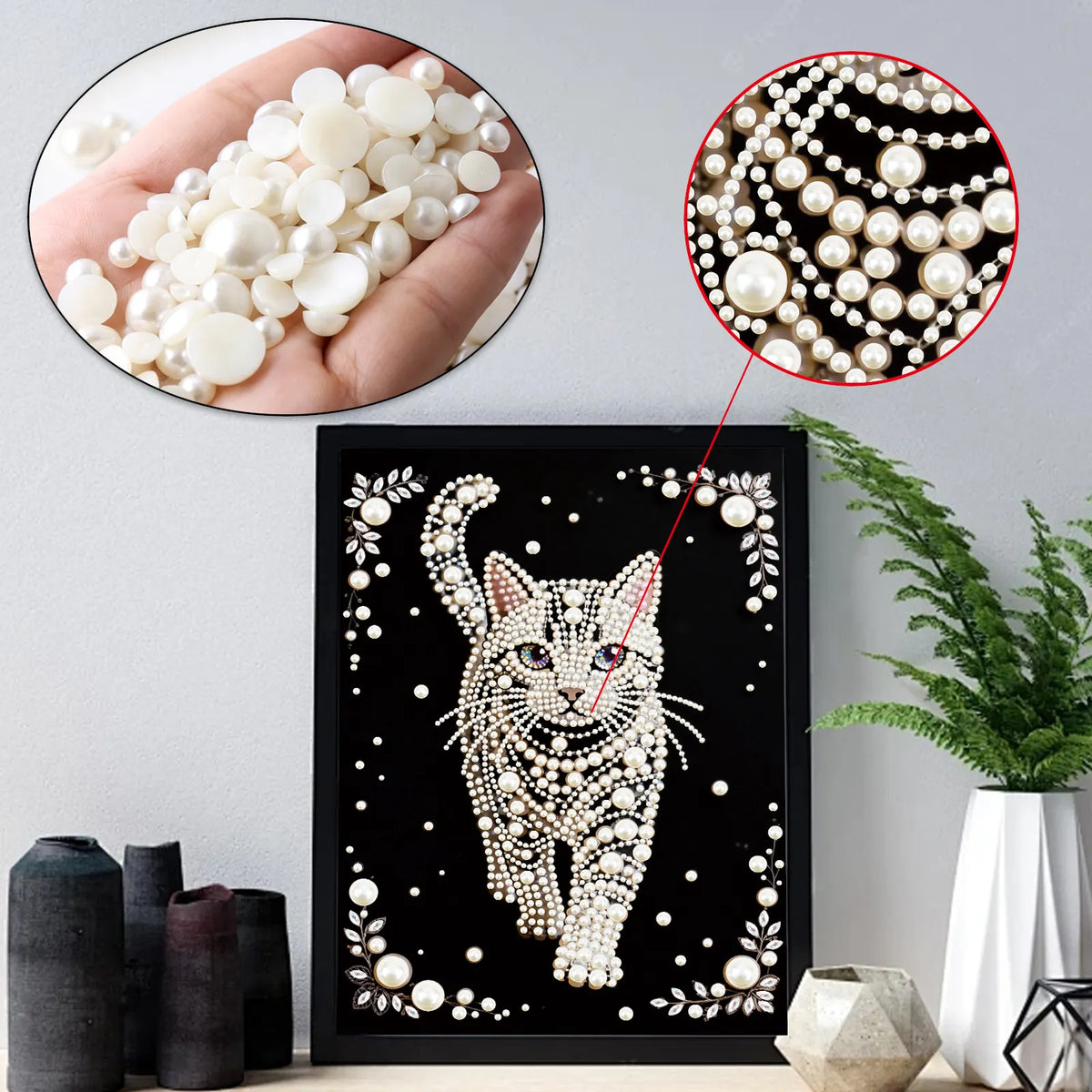 Cat Premium 5D Diamond Painting Kit Black & White Pearls painting Sparkling Special Shaped Diamond painting