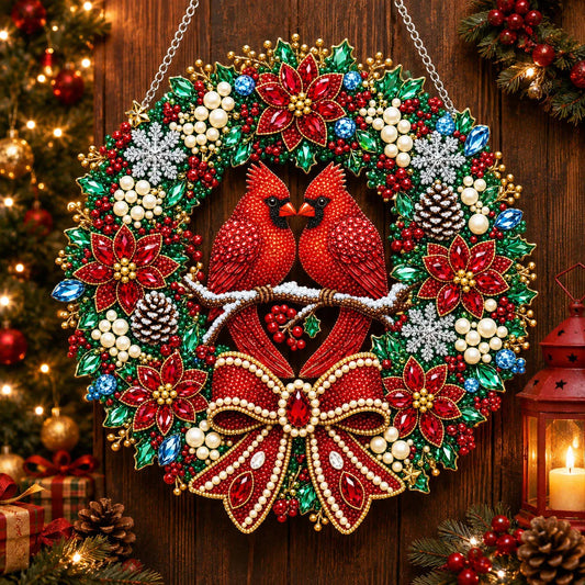 Diamond Painting Acrylic Christmas Cardinal Wreath Pendant For Home Wall, Door & Window Decoration