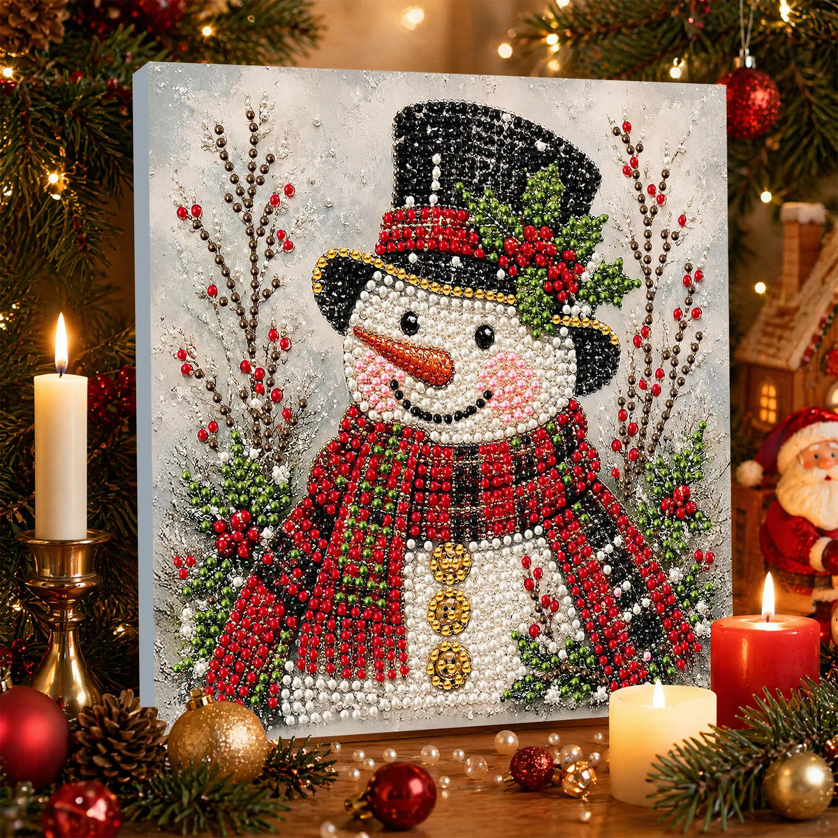 DIY Pearl Painting Christmas Snowman with Frame(20x20cm)