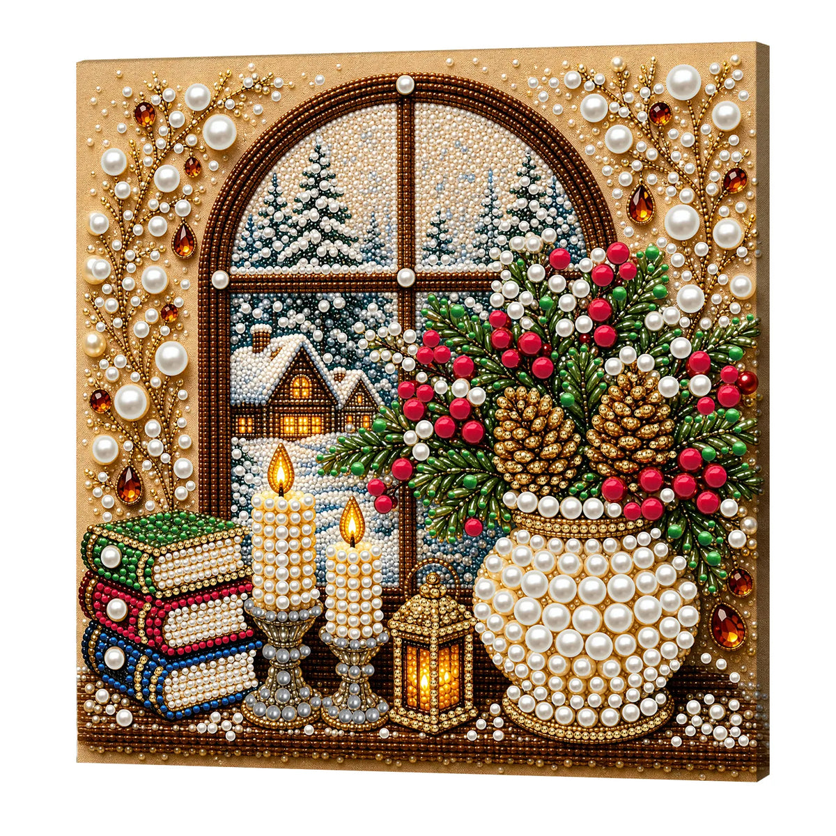 DIY Pearl Painting Christmas Window View with Frame(20x20cm)