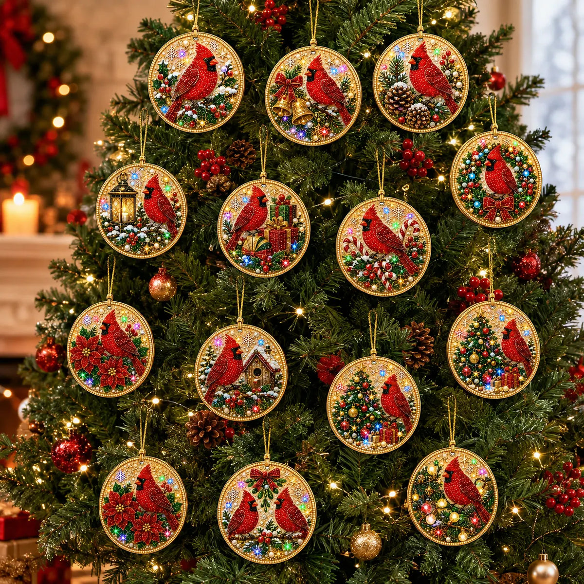 12 Pcs Diamond Painting PET Single-sided Xmas Cardinal Christmas Tree Hanging Ornaments