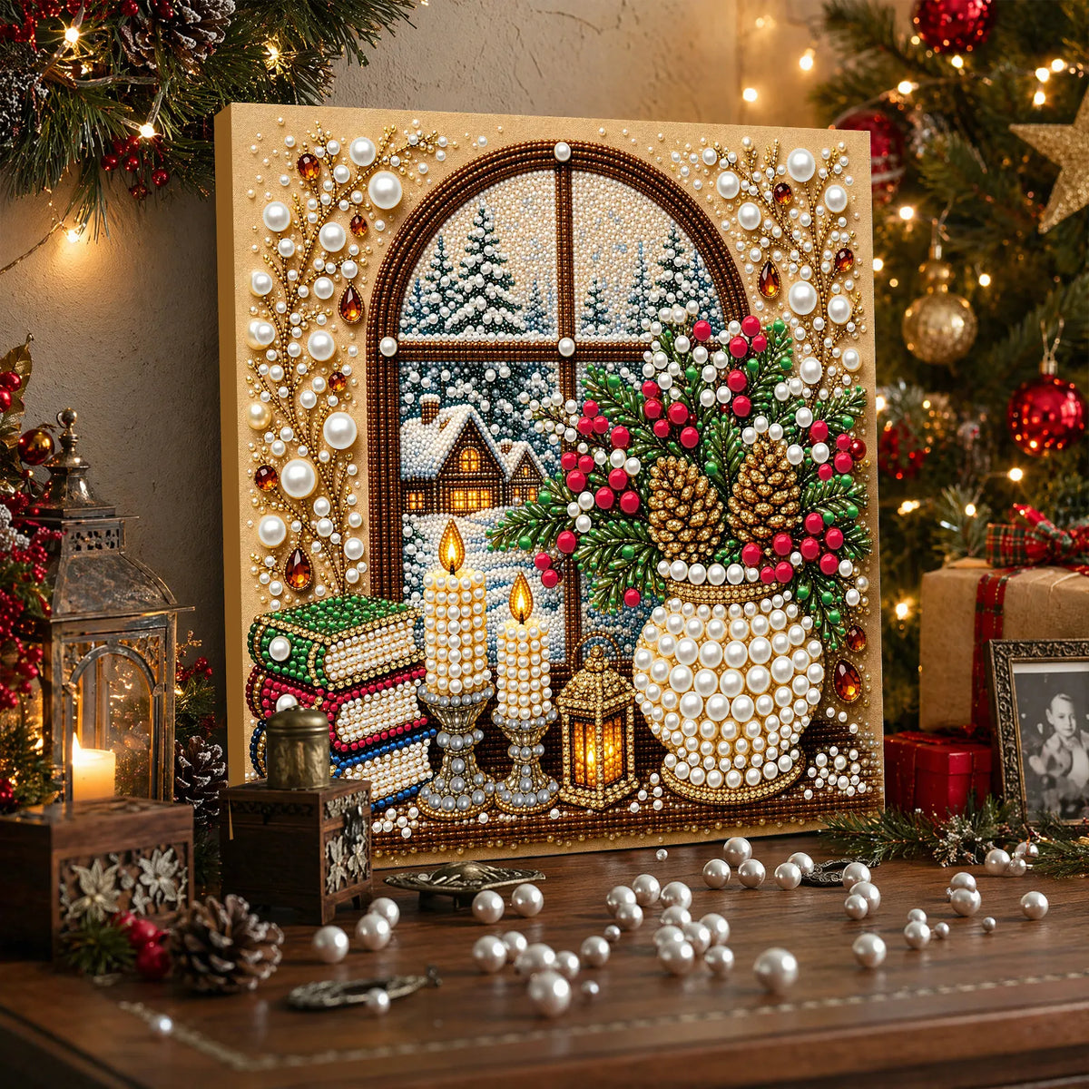 DIY Pearl Painting Christmas Window View with Frame(20x20cm)