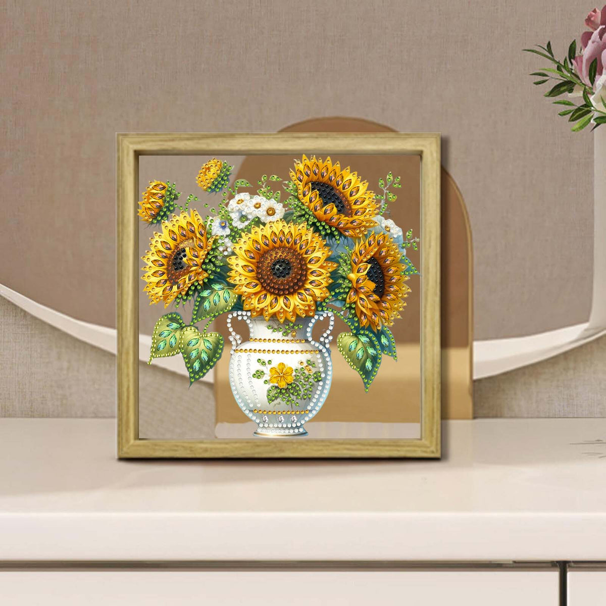 Sunflower DIY Special Shape Double sided Print Clear Diamond Art Kit Wooden Framed Diamond Painting Kit(21.5x21.5cm)