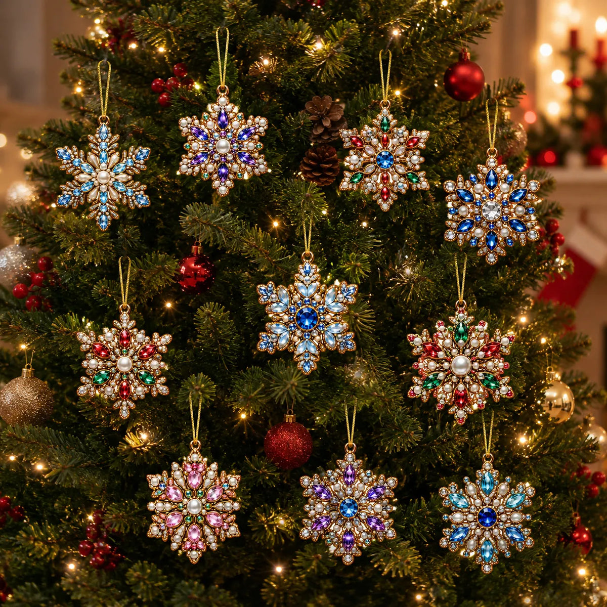 10Pcs Diamond Painting Acrylic Snowflake Christmas Tree Ornament for Decorations