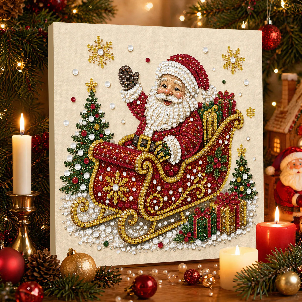 DIY Pearl Painting Xmas Santa Sleigh with Frame(20x20cm)
