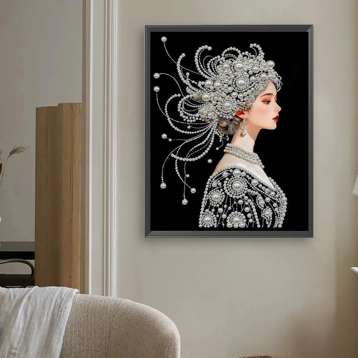 Upgrade Pearl Elegant Lady DIY Premium 5D Diamond Painting Kit Black & White Pearls painting Sparkling Special Shaped Diamond painting