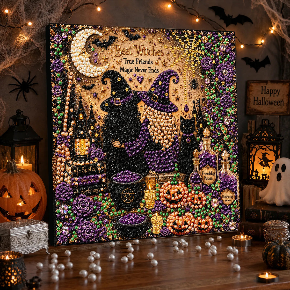 DIY Pearl Painting Halloween Witch with Frame(20x20cm)