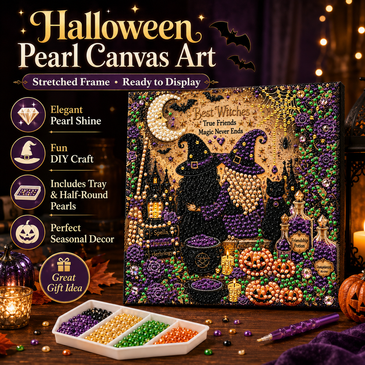 DIY Pearl Painting Halloween Witch with Frame(20x20cm)