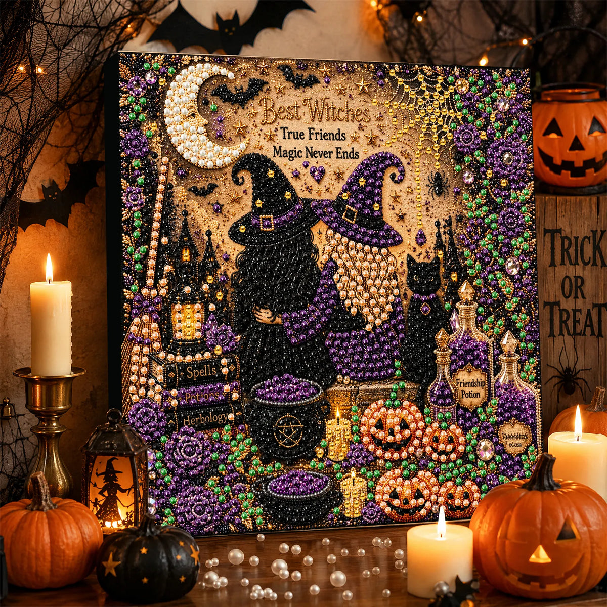 DIY Pearl Painting Halloween Witch with Frame(20x20cm)