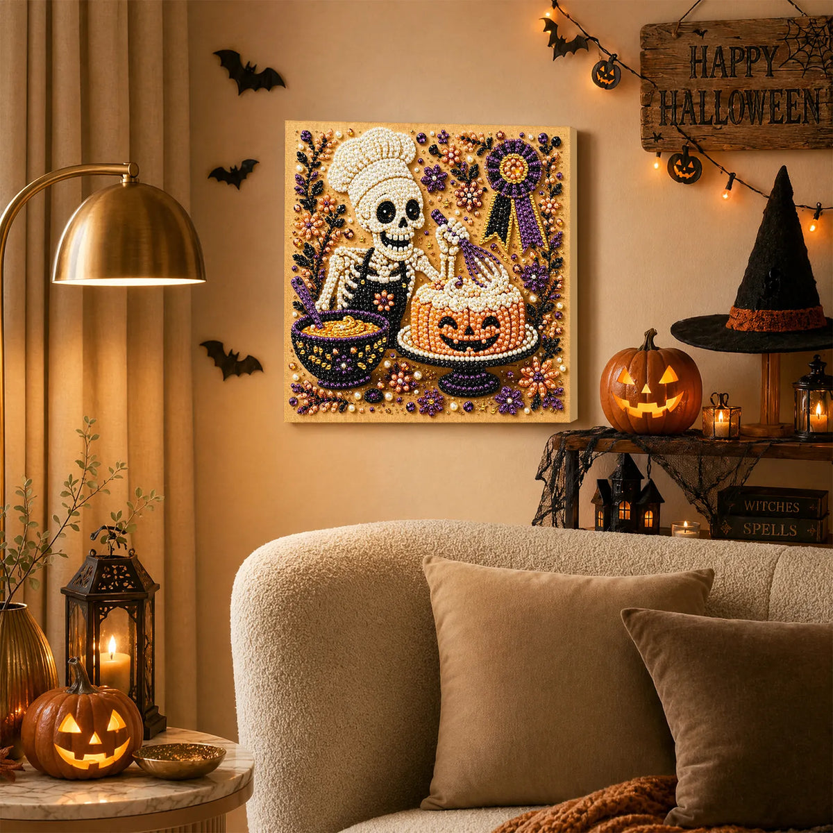 DIY Pearl Painting Halloween Cuisine with Frame(20x20cm)