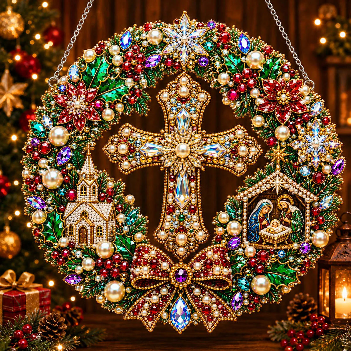 Diamond Painting Acrylic Christmas Cross Wreath Pendant For Home Wall, Door & Window Decoration