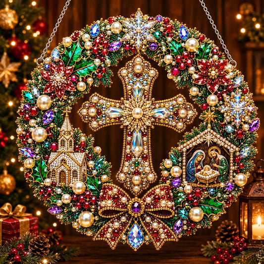 Diamond Painting Acrylic Christmas Cross Wreath Pendant For Home Wall, Door & Window Decoration