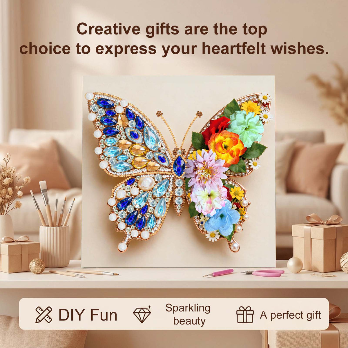 Pre-Framed 3D Rhinestones Butterfly With Artificial Flower Diamond Painting DIY Craft Kit