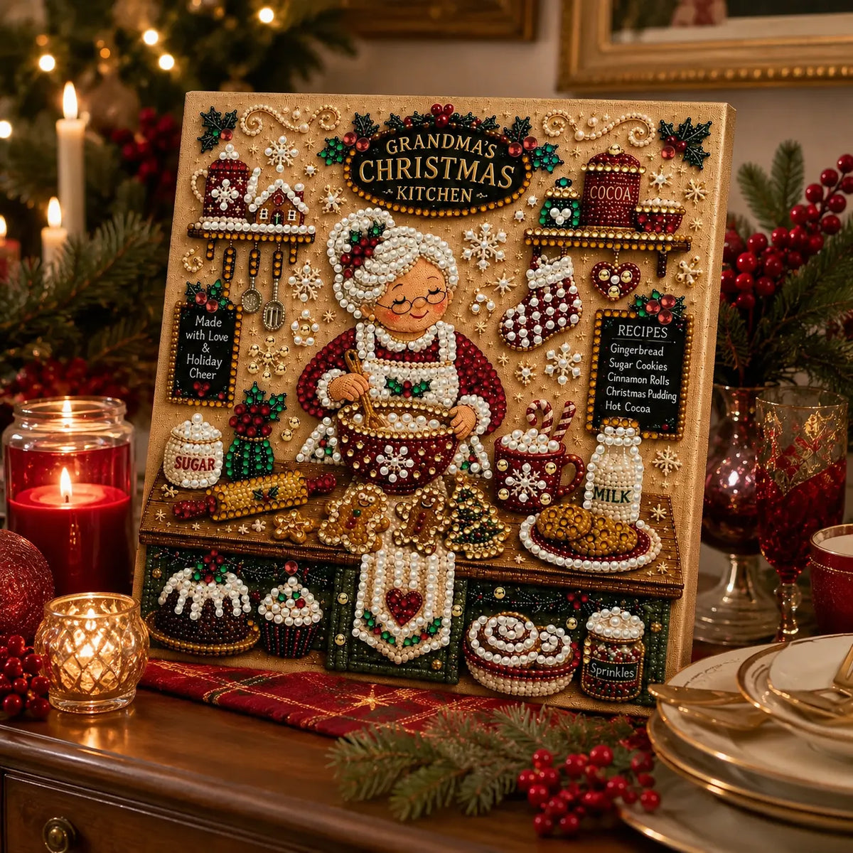 DIY Pearl Painting  Xmas Kitchen with Frame(20x20cm)