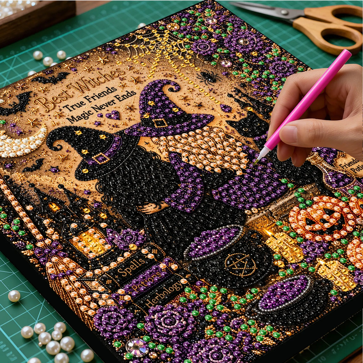 DIY Pearl Painting Halloween Witch with Frame(20x20cm)