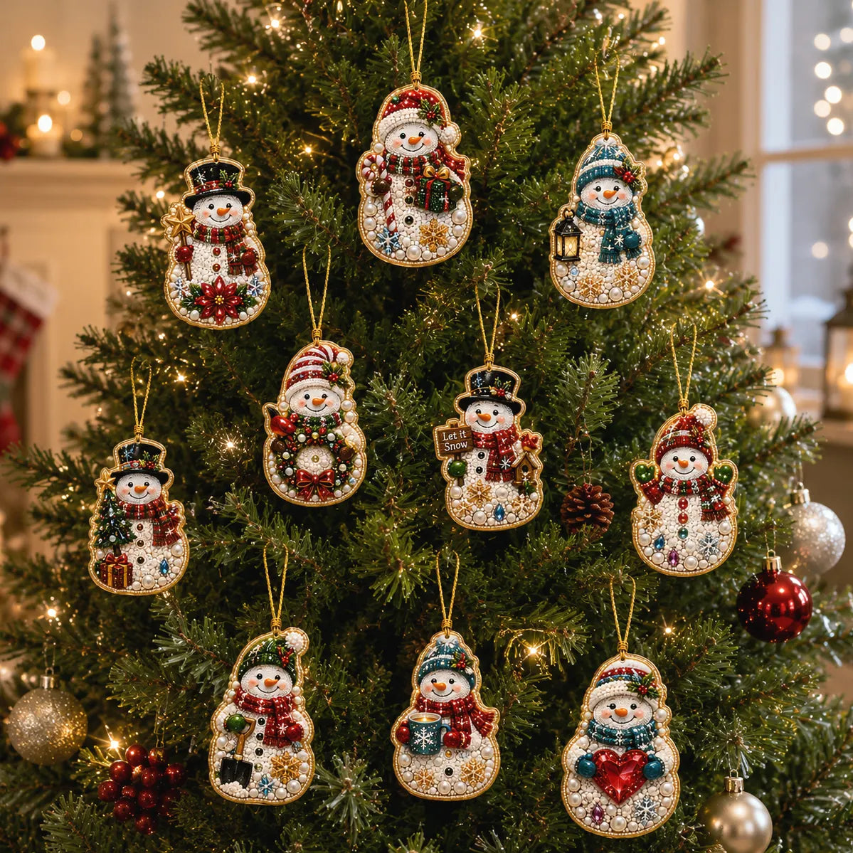 10Pcs Diamond Painting Acrylic Snowman Christmas Tree Ornament for Decorations