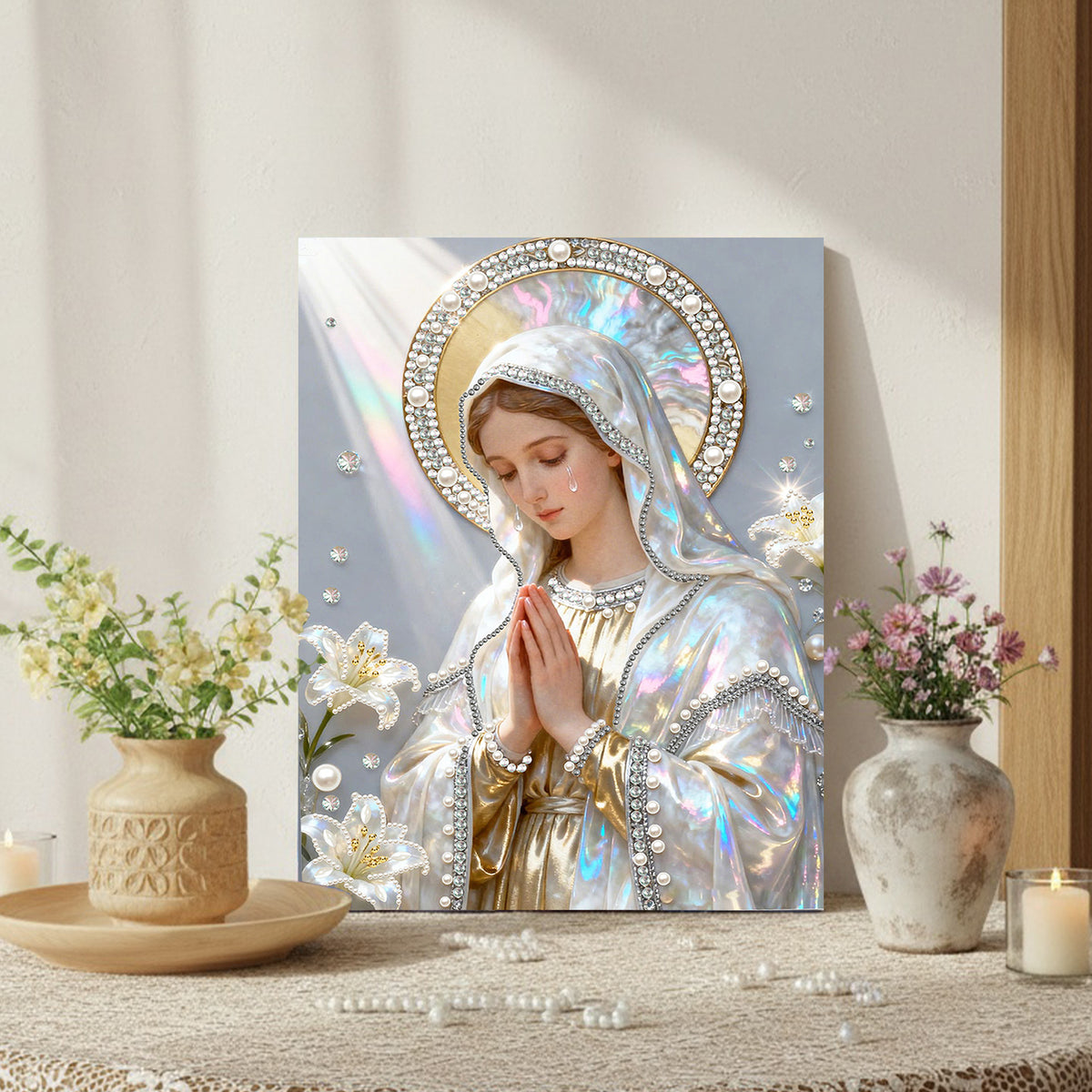 (30x40cm)DIY Virgin Mary Framed Handmade Pearl Painting Art Craft Kit Living Home Decor