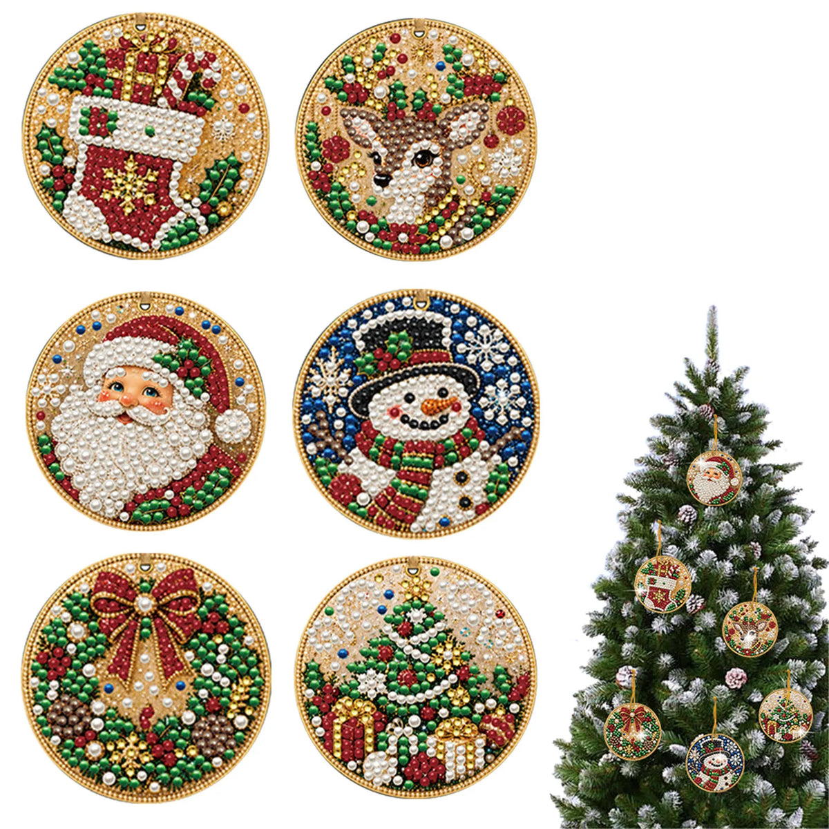 6Pcs Diamond Painting Wooden Snowman Christmas Tree Hanging Ornaments for Decorations
