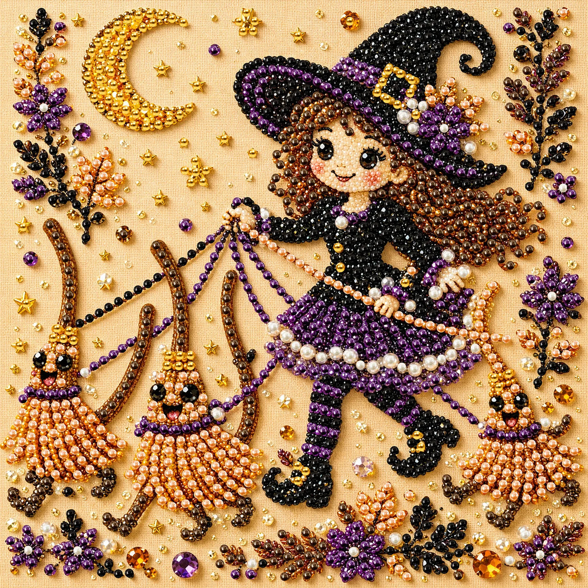 DIY Pearl Painting Halloween Witch with Frame(20x20cm)