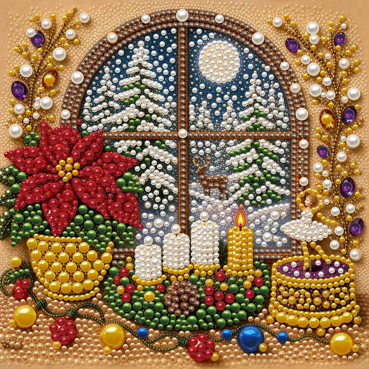 DIY Pearl Painting Christmas Window View with Frame(20x20cm)