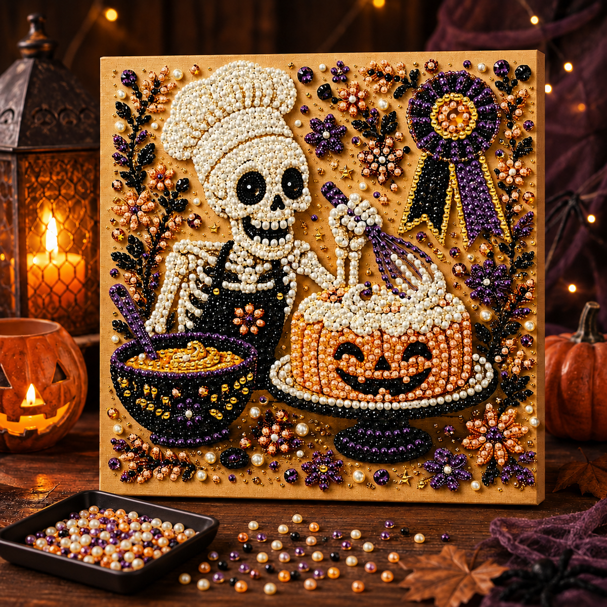 DIY Pearl Painting Halloween Cuisine with Frame(20x20cm)