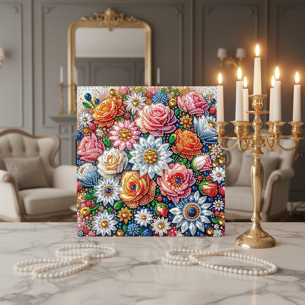 Flower DIY Special Shape Drill Art Craft Pearl Diamond Painting with Frame 25x25cm Diamond Art Pearl Painting Kit for Adults Beginners Home Decor
