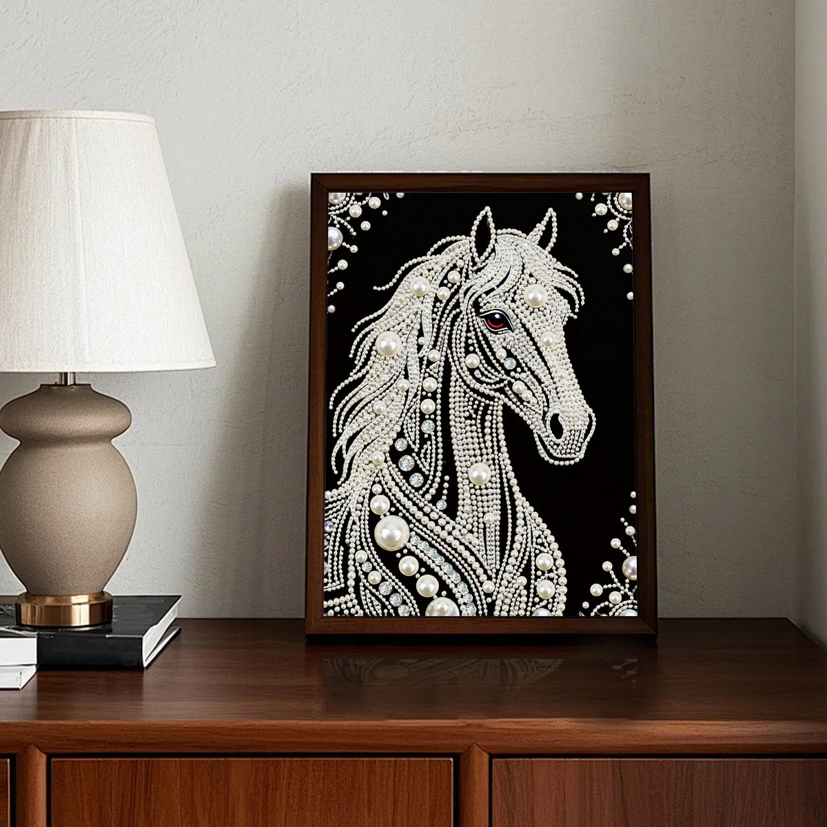 Horse Premium 5D Diamond Painting Kit Black & White Pearls painting Sparkling Special Shaped Diamond painting