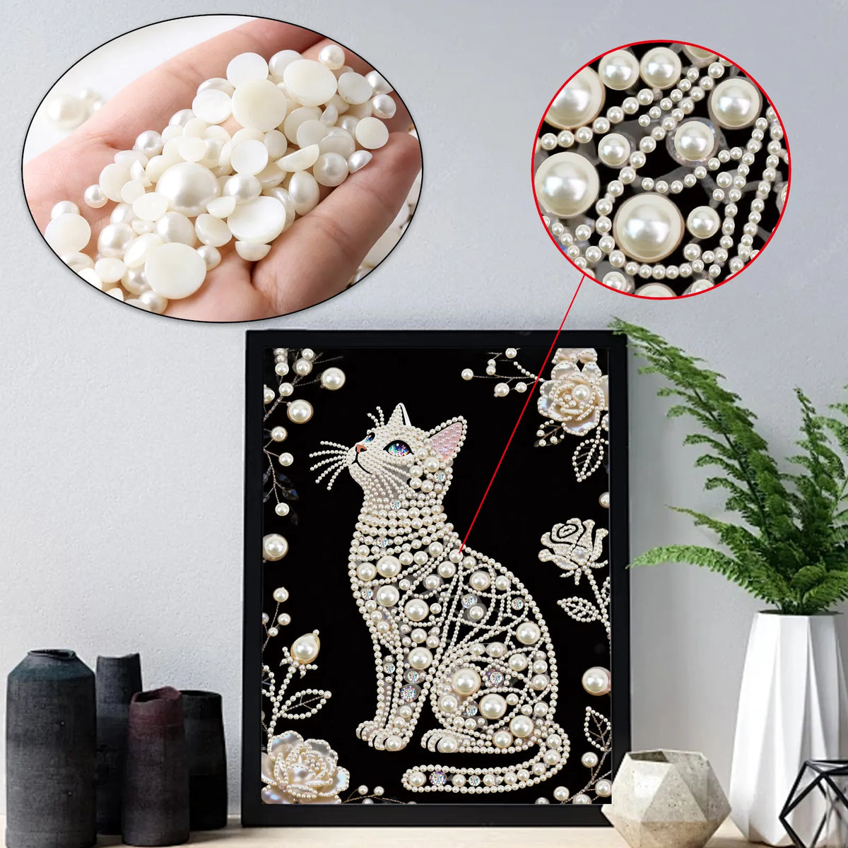 Cat Premium 5D Diamond Painting Kit Black & White Pearls painting Sparkling Special Shaped Diamond painting
