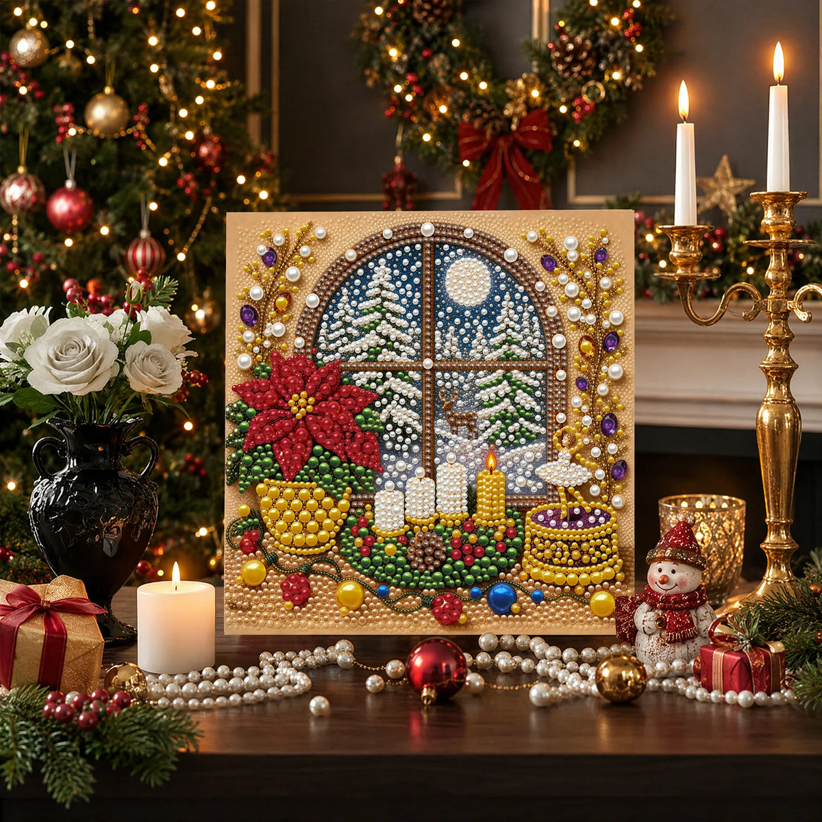 DIY Pearl Painting Christmas Window View with Frame(20x20cm)