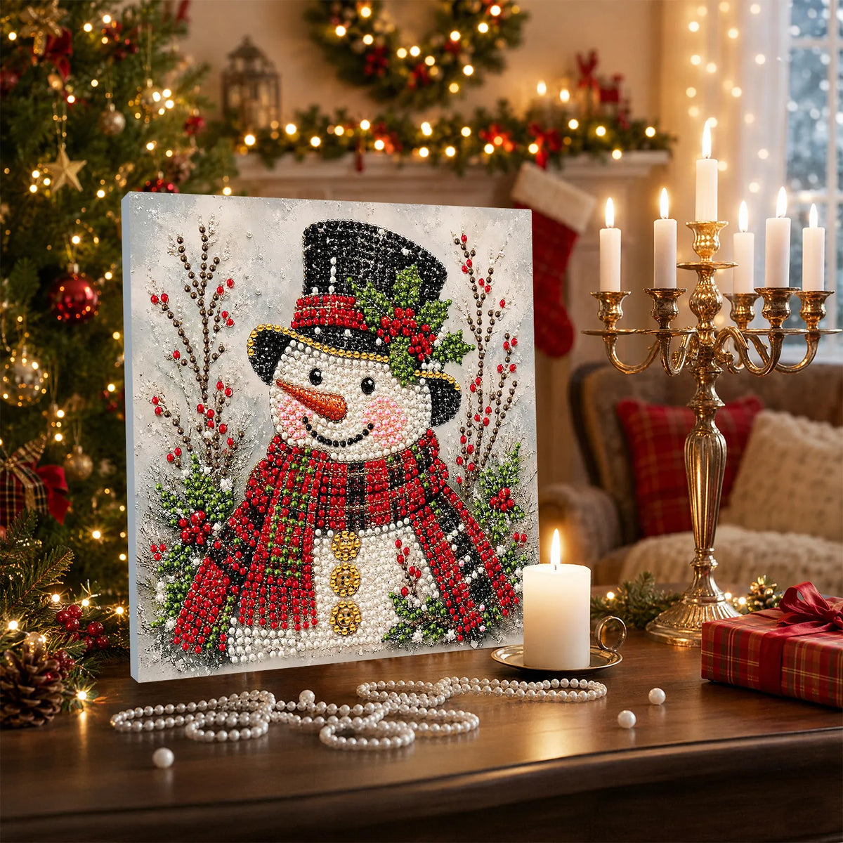 DIY Pearl Painting Christmas Snowman with Frame(20x20cm)